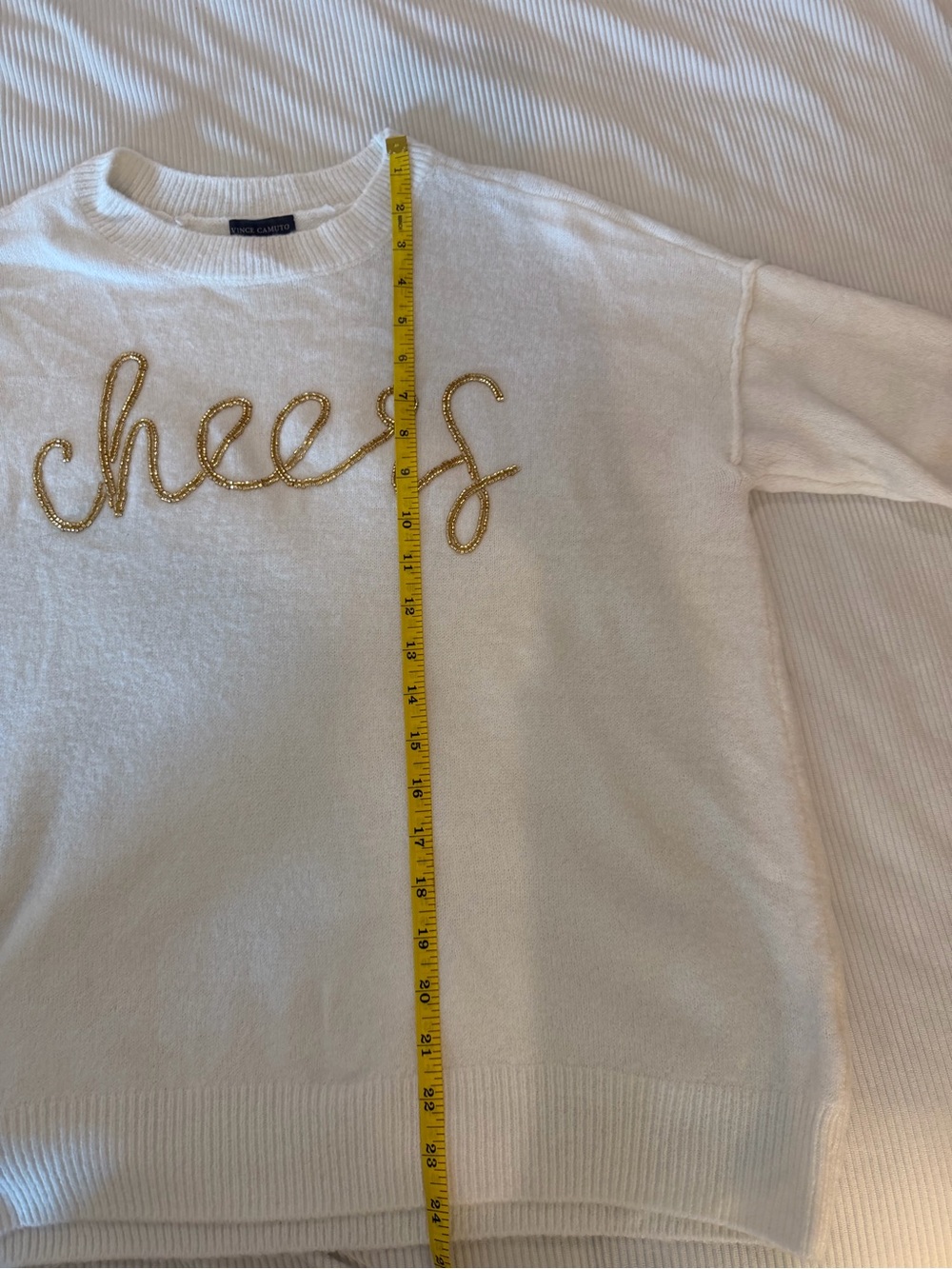 Vince Camuto XS Cheers Sweater White Gold Beaded Script Cozy Crewneck - Picture 3 of 5